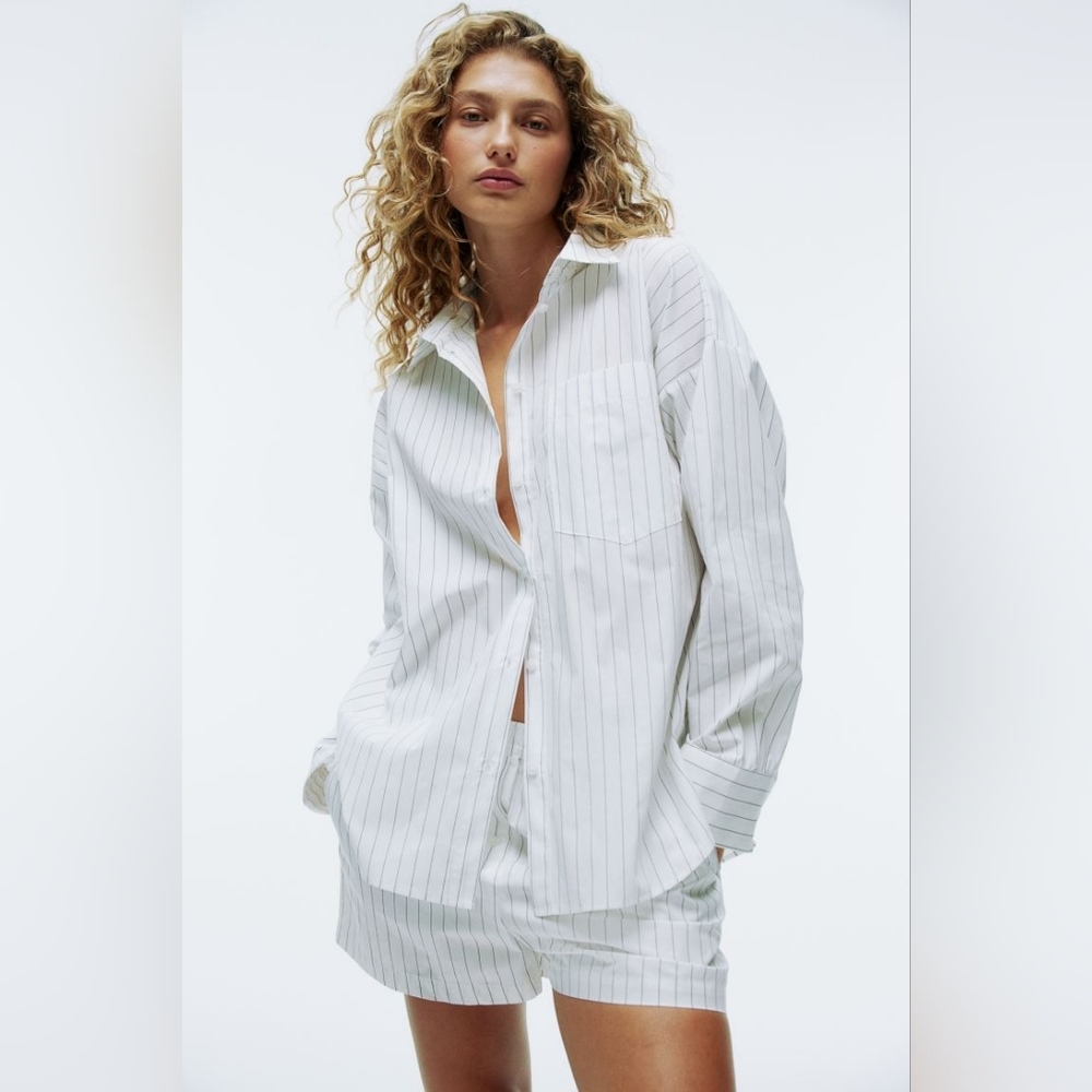 H&M White Pinstripe Pajama Shirt and Shorts Set NWT